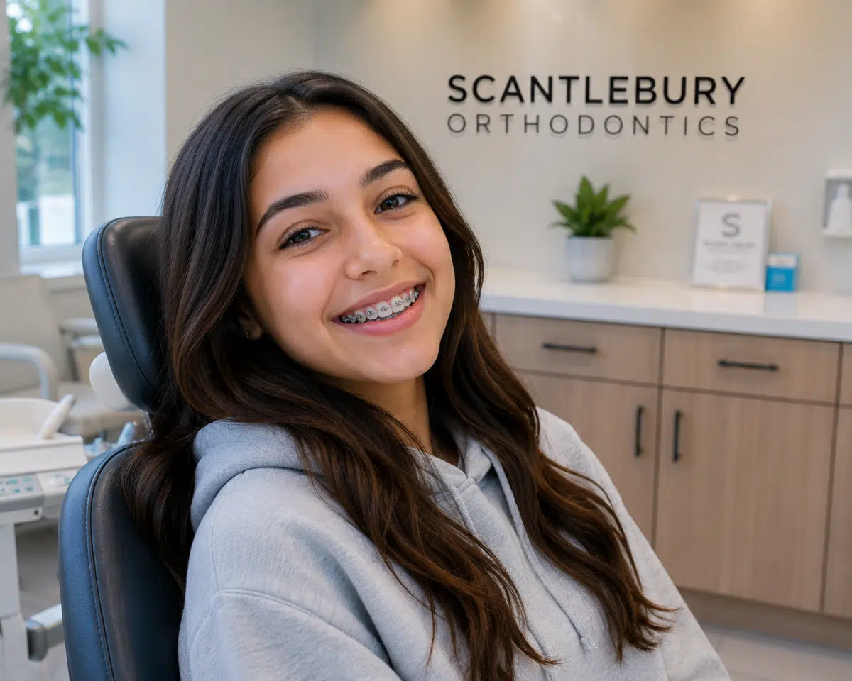Teen patient smiling with braces near Prospect Heights NY